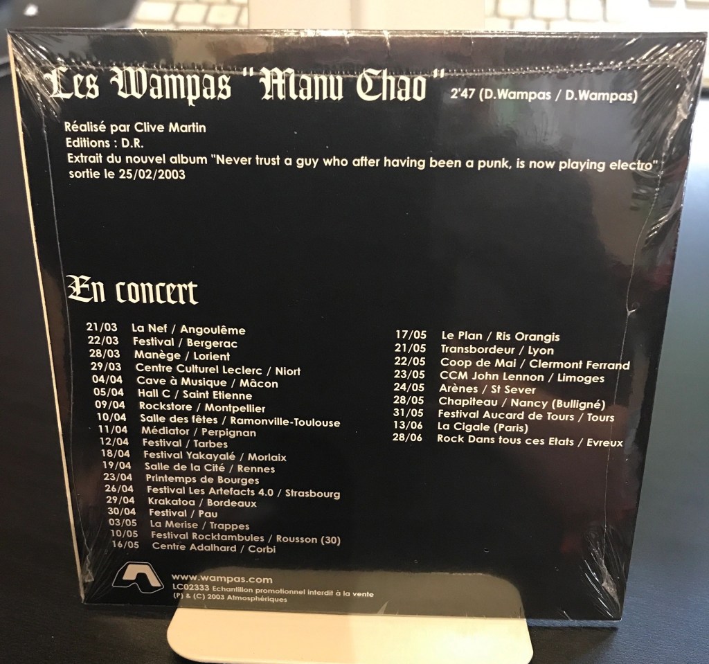 CD du single Manu Chao promo neuf verso avec dates de la tournée des Wampas de 2003
