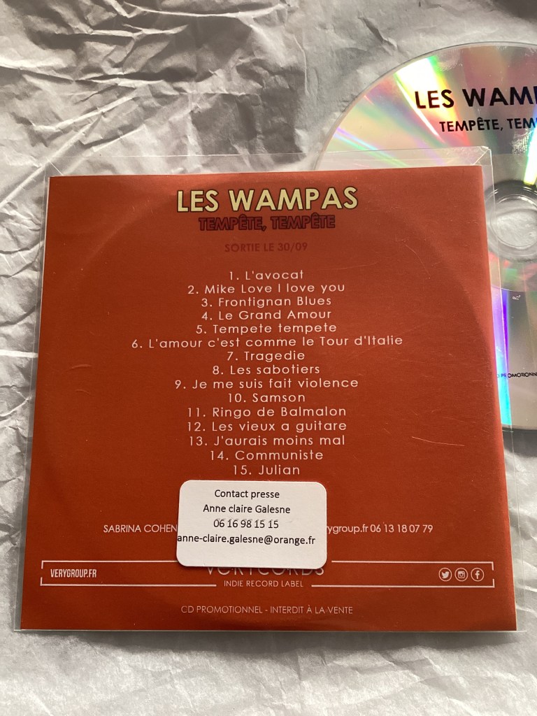 Jaquette arrière du cd promo les Wampas TEMPÊTE TEMPÊTE avec contact presse 
